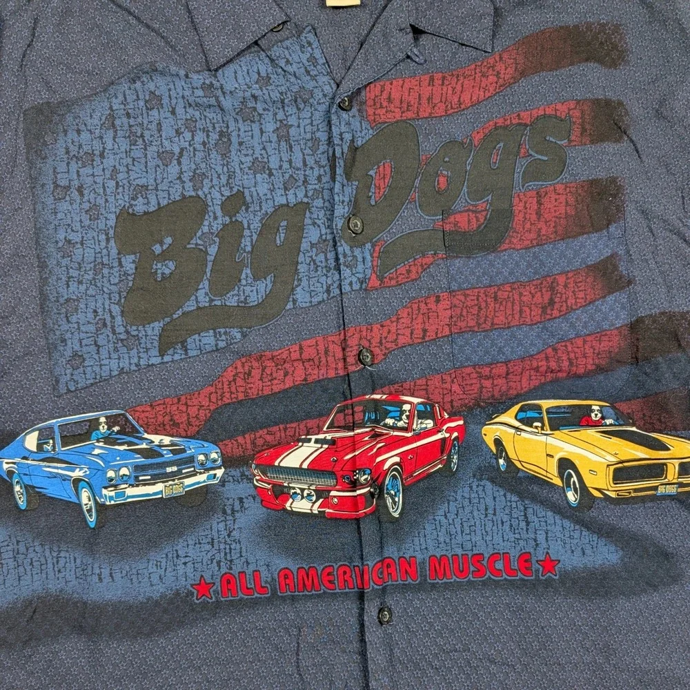 Big Dogs Shirt Mens 2XL Blue All American Muscle‎ Car Rayon Mustang Ford Dodge - Picture 3 of 8